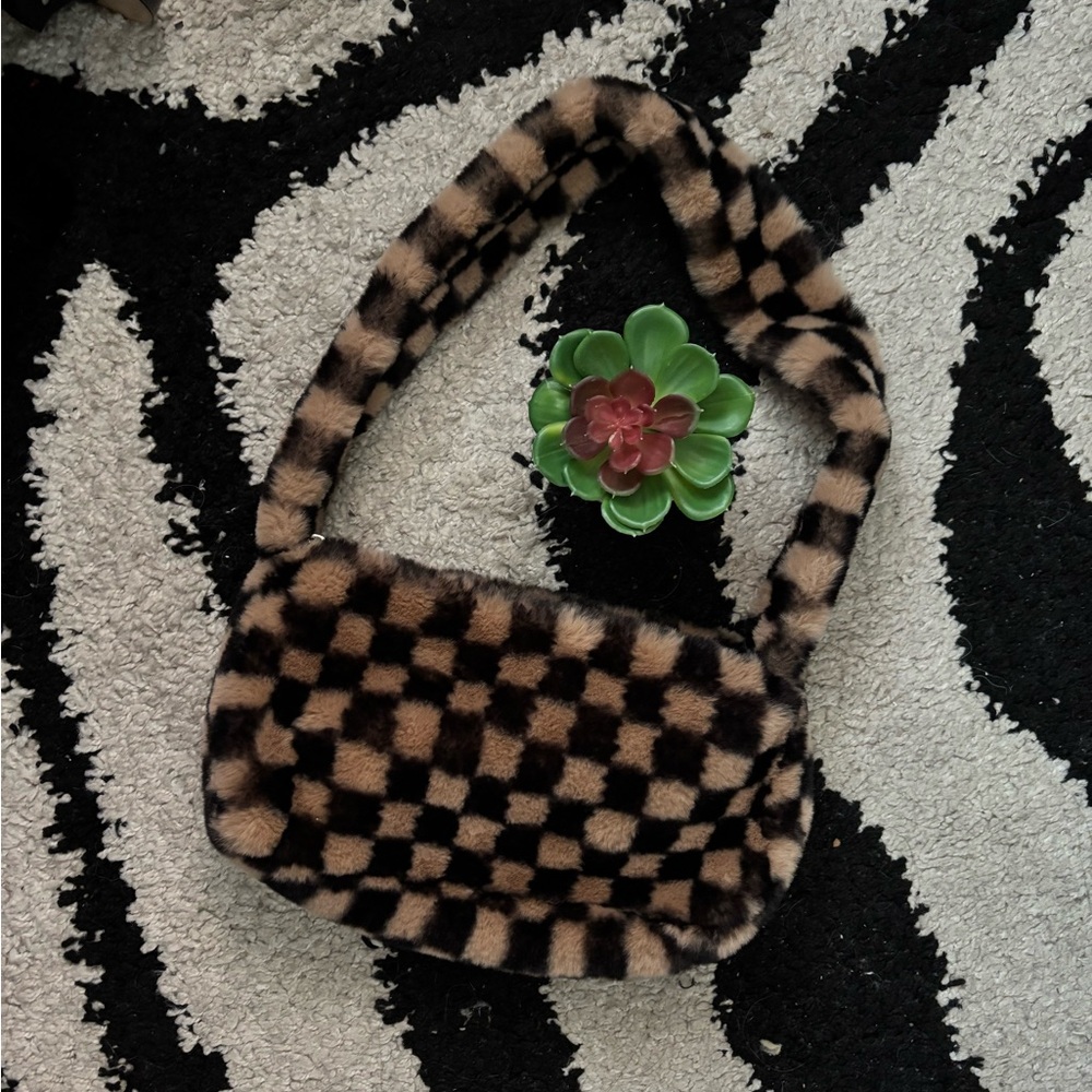 Brown and Black Plaid Teddy Furry Mini Bag